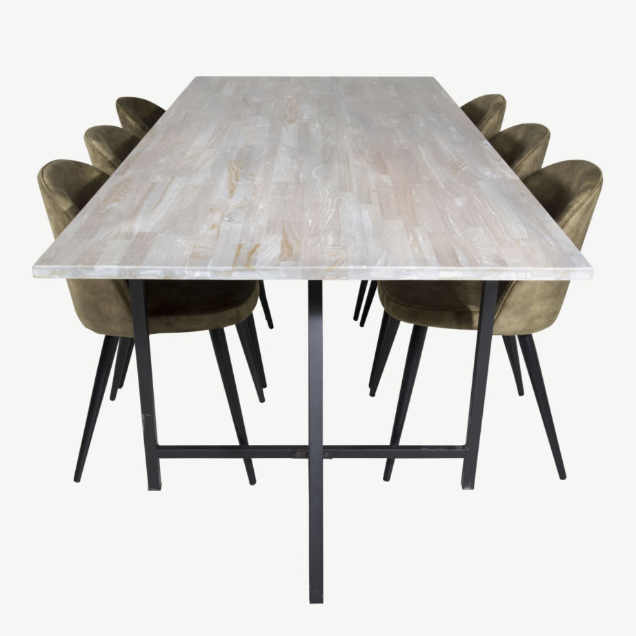 Jepara hall tiigipuust söögilaua komplekt kuue tolmrohelise velvettooliga, mustad metalljalad, GR19815 – 2