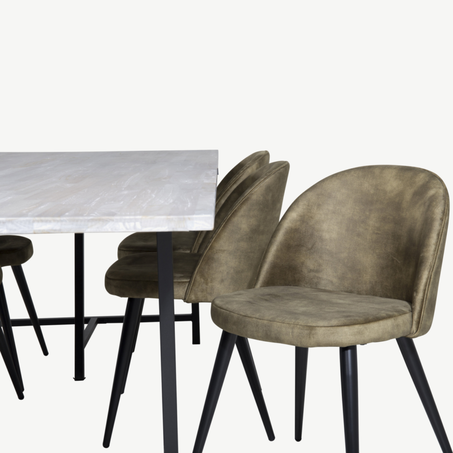 Jepara hall tiigipuust söögilaua komplekt kuue tolmrohelise velvettooliga, mustad metalljalad, GR19815 – 4