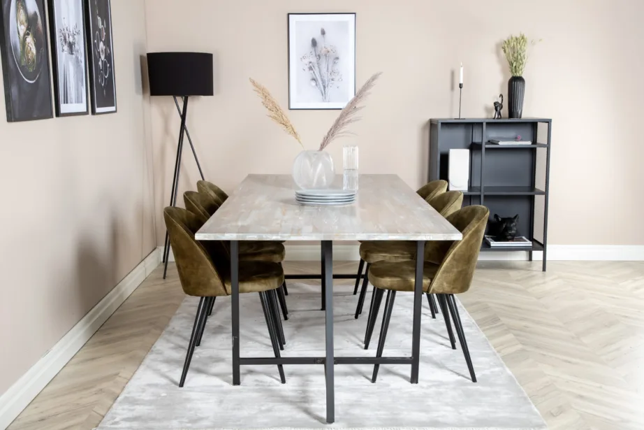 Jepara hall tiigipuust söögilaua komplekt kuue tolmrohelise velvettooliga, mustad metalljalad, GR19815 – 5