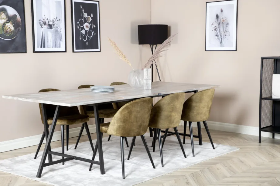 Jepara hall tiigipuust söögilaua komplekt kuue tolmrohelise velvettooliga, mustad metalljalad, GR19815 – 6