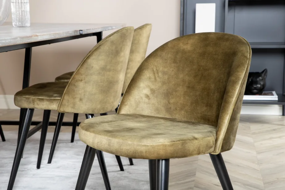 Jepara hall tiigipuust söögilaua komplekt kuue tolmrohelise velvettooliga, mustad metalljalad, GR19815 – 7