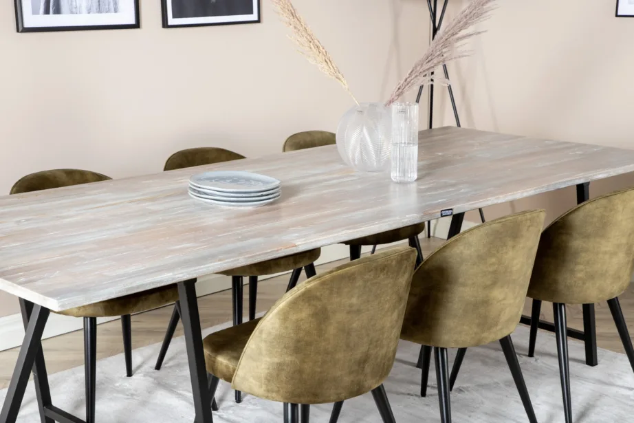 Jepara hall tiigipuust söögilaua komplekt kuue tolmrohelise velvettooliga, mustad metalljalad, GR19815 – 8