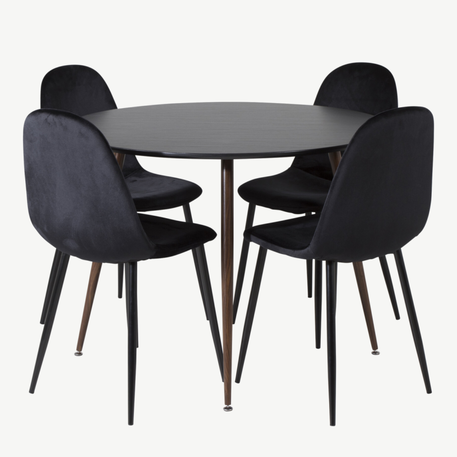 Ümmargune söögikomplekt Plaza – must MDF-laud ja musta sametiga toolid, pähklitooni detailid, GR19817