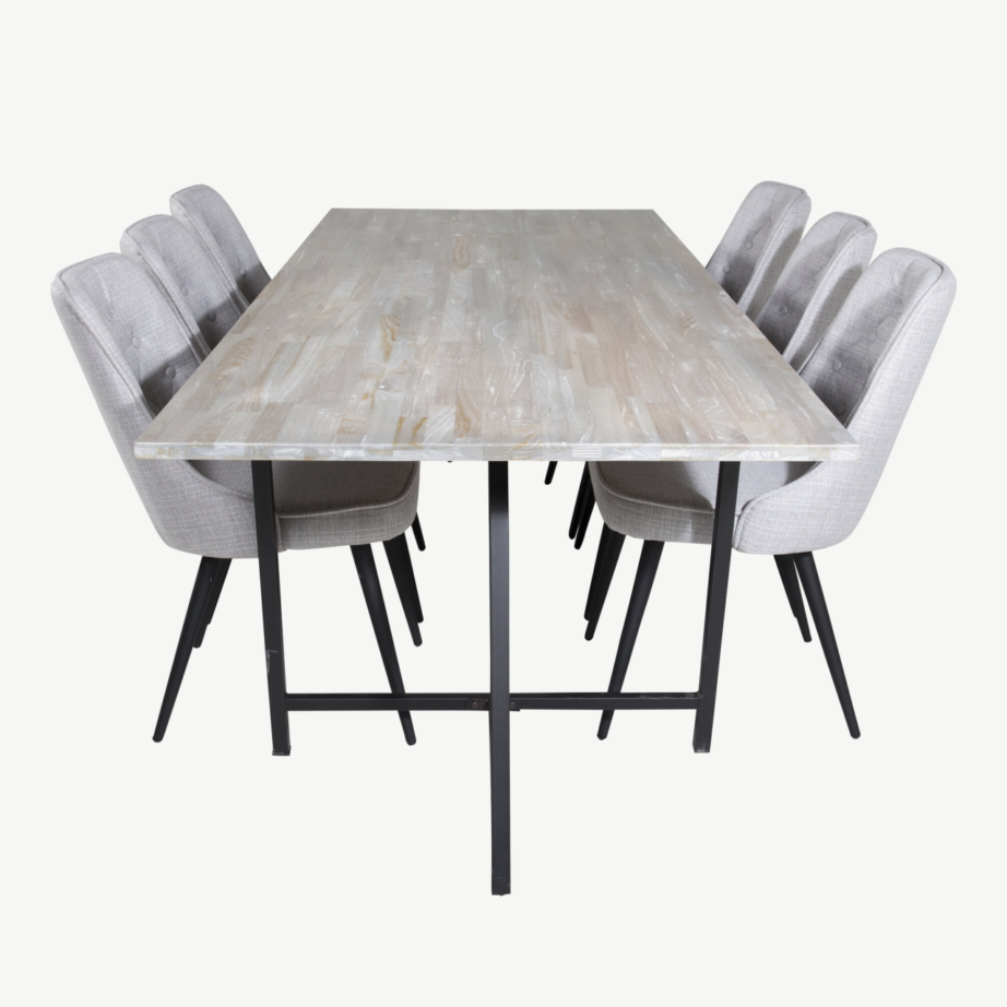 Jepara ristkülikukujuline tiigipuust söögilaud ja helehallide polsterdatud toolidega komplekt (6-le, terasjalgadega), GR19818 – 2