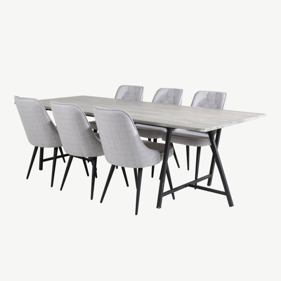 Jepara ristkülikukujuline tiigipuust söögilaud ja helehallide polsterdatud toolidega komplekt (6-le, terasjalgadega), GR19818 – 3