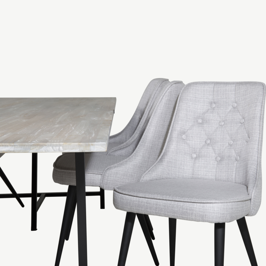 Jepara ristkülikukujuline tiigipuust söögilaud ja helehallide polsterdatud toolidega komplekt (6-le, terasjalgadega), GR19818 – 4