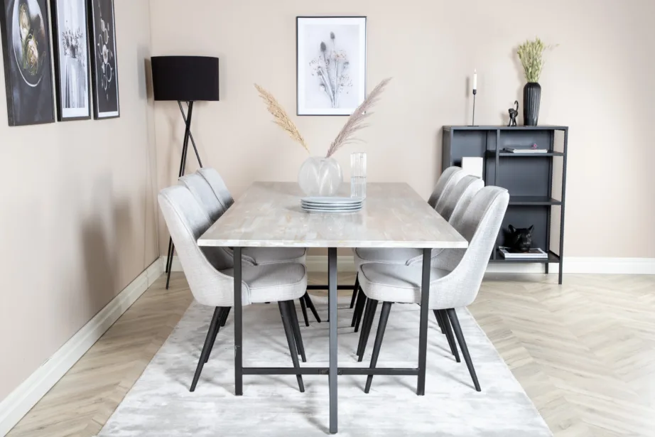 Jepara ristkülikukujuline tiigipuust söögilaud ja helehallide polsterdatud toolidega komplekt (6-le, terasjalgadega), GR19818 – 5