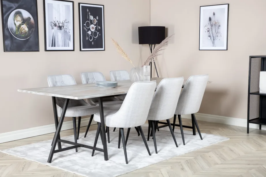 Jepara ristkülikukujuline tiigipuust söögilaud ja helehallide polsterdatud toolidega komplekt (6-le, terasjalgadega), GR19818 – 6