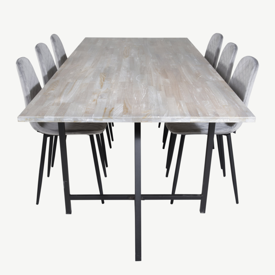 Jepara ristkülikukujuline tiigipuust söögilaud musta metallraami ja hallide velvetkattega Polar toolidega, GR19819 – 2