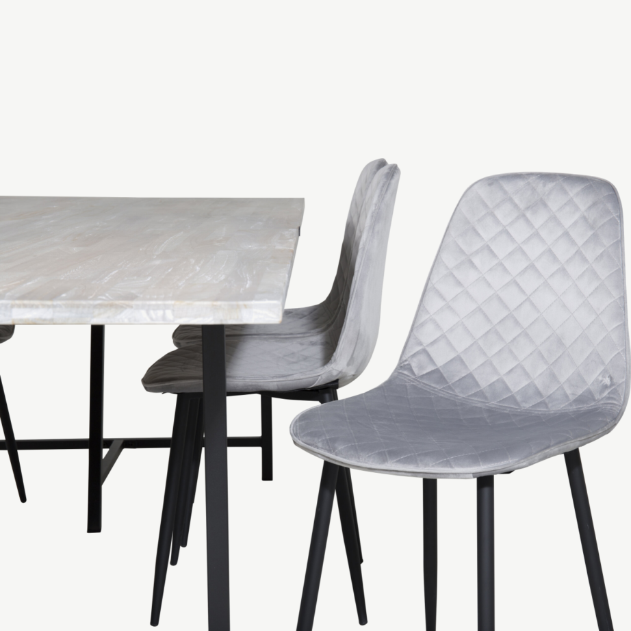 Jepara ristkülikukujuline tiigipuust söögilaud musta metallraami ja hallide velvetkattega Polar toolidega, GR19819 – 3