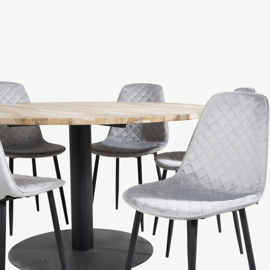 Cireboni ümmargune tiigipuust söögilaud (ø140 cm) koos hallide samettoolidega Polar, GR19825 – 2