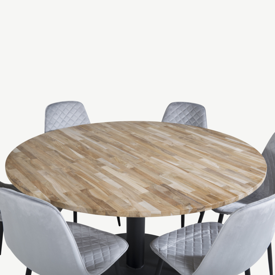 Cireboni ümmargune tiigipuust söögilaud (ø140 cm) koos hallide samettoolidega Polar, GR19825 – 3