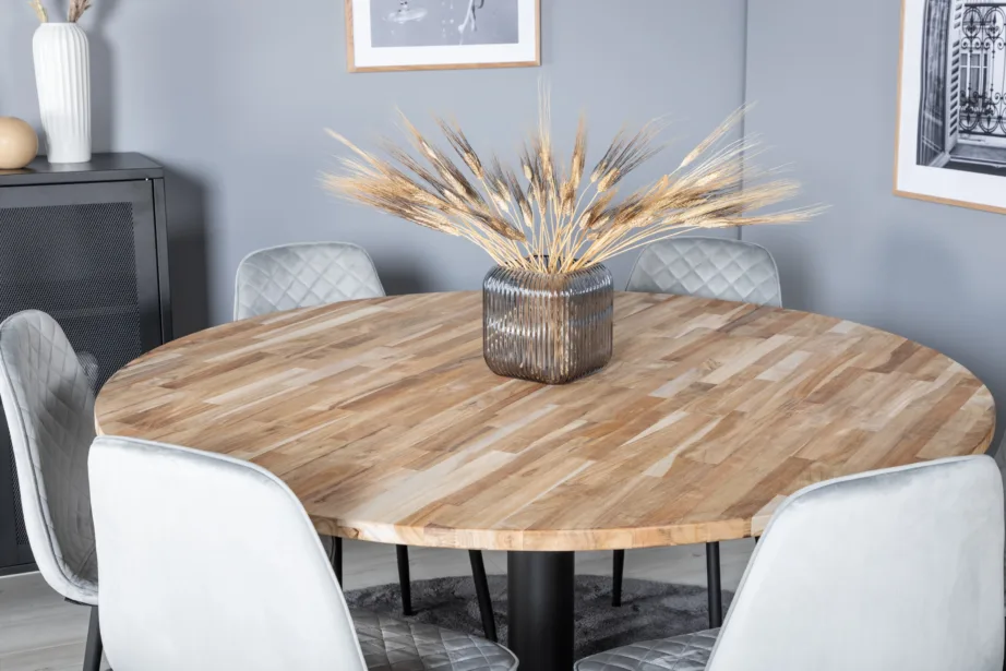 Cireboni ümmargune tiigipuust söögilaud (ø140 cm) koos hallide samettoolidega Polar, GR19825 – 5