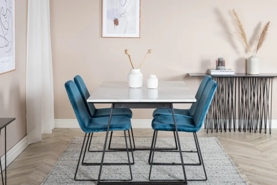 Estelle ristkülikukujuline marmorlauaga söögikomplekt siniste samettoolidega, GR19829 – 4