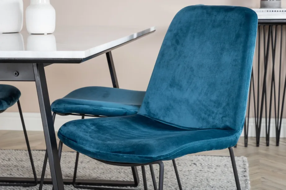 Estelle ristkülikukujuline marmorlauaga söögikomplekt siniste samettoolidega, GR19829 – 6