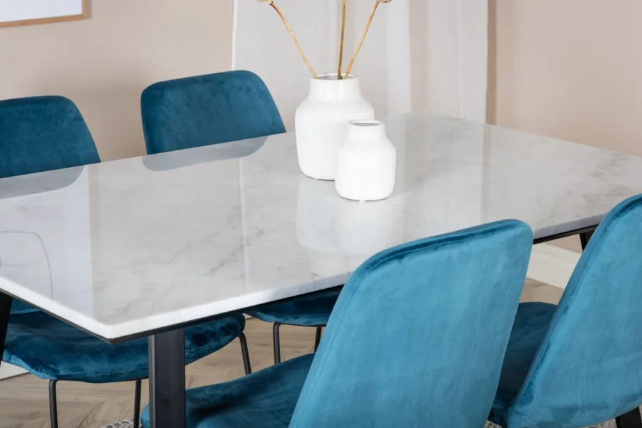 Estelle ristkülikukujuline marmorlauaga söögikomplekt siniste samettoolidega, GR19829 – 7