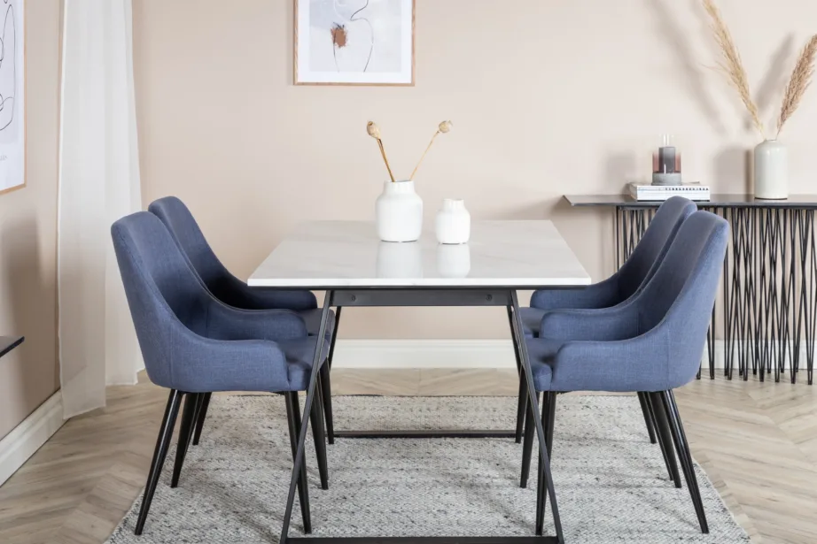 Ristkülikukujuline marmorlauaga söögitoakomplekt Estelle, siniste Plaza sarja toolidega, GR19831 – 4