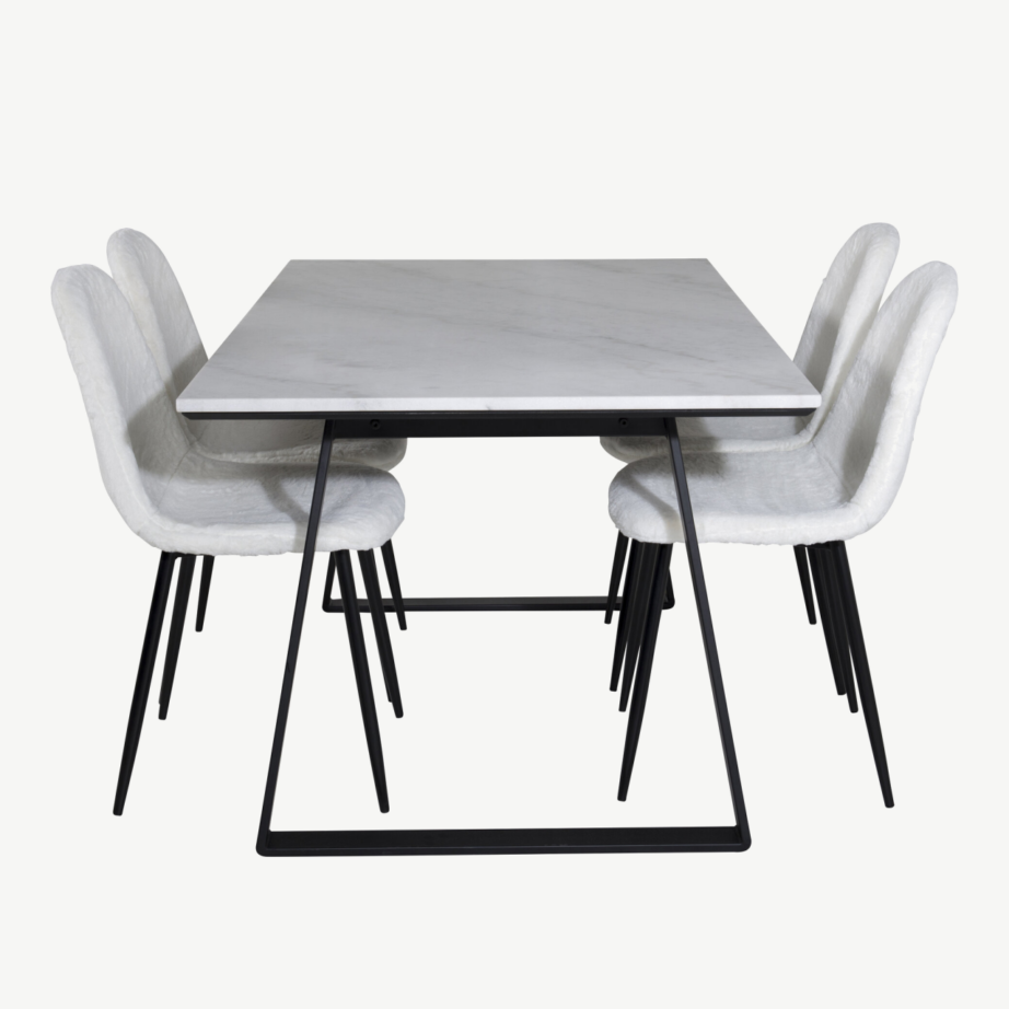 Estelle’i ristkülikukujuline söögitoakomplekt – valge marmorist laud ja valged teddy-kangast toolid, mustad metalljalad, GR19836 – 2