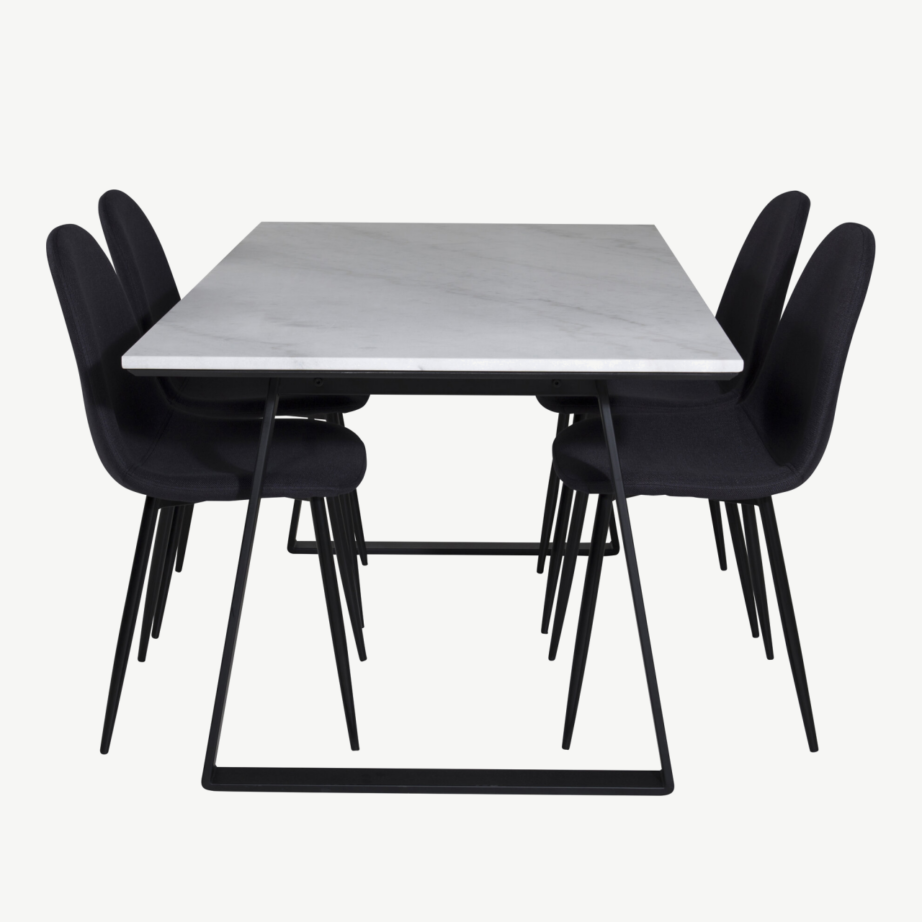 Valge marmorist söögilaud Estelle (ristkülikukujuline, mustad terasjalad) ja Polar söögitoolid (must polster, mustad jalad), GR19838 – 2