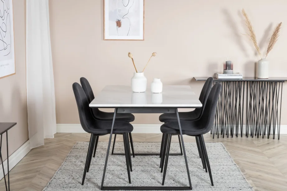 Valge marmorist söögilaud Estelle (ristkülikukujuline, mustad terasjalad) ja Polar söögitoolid (must polster, mustad jalad), GR19838 – 4