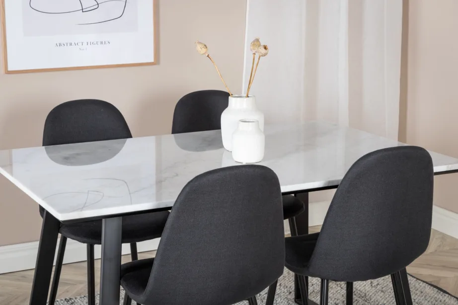 Valge marmorist söögilaud Estelle (ristkülikukujuline, mustad terasjalad) ja Polar söögitoolid (must polster, mustad jalad), GR19838 – 7