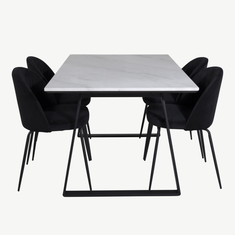 Estelle ristkülikukujuline marmorlauaga söögikomplekt (valge, mustad velvetist toolid), GR19839 – 2