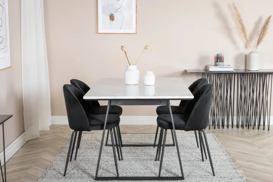 Estelle ristkülikukujuline marmorlauaga söögikomplekt (valge, mustad velvetist toolid), GR19839 – 5