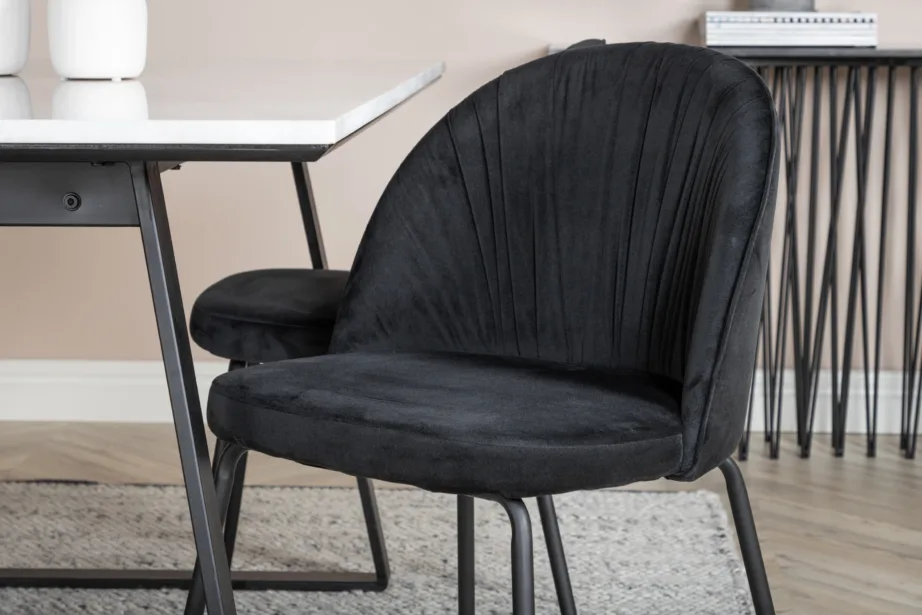 Estelle ristkülikukujuline marmorlauaga söögikomplekt (valge, mustad velvetist toolid), GR19839 – 7