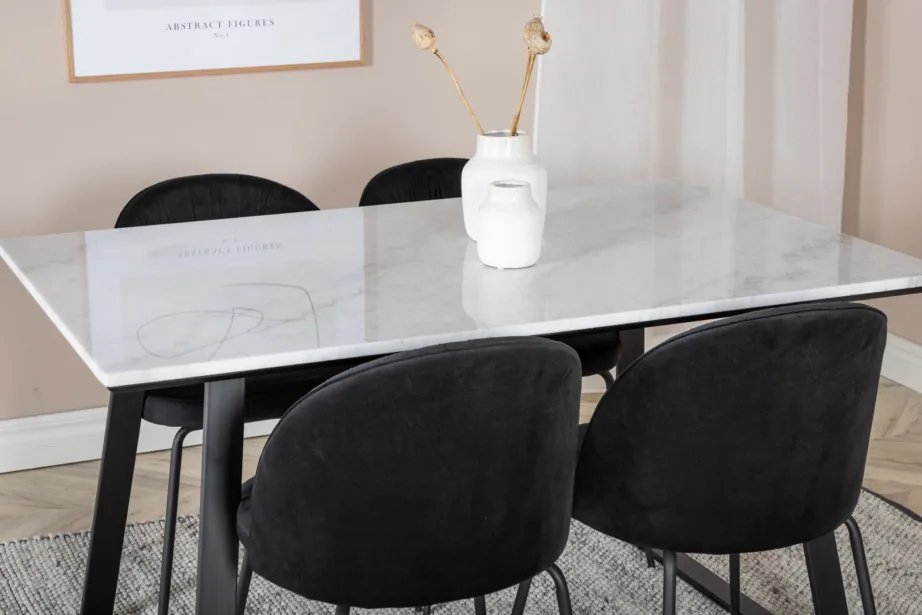 Estelle ristkülikukujuline marmorlauaga söögikomplekt (valge, mustad velvetist toolid), GR19839 – 8