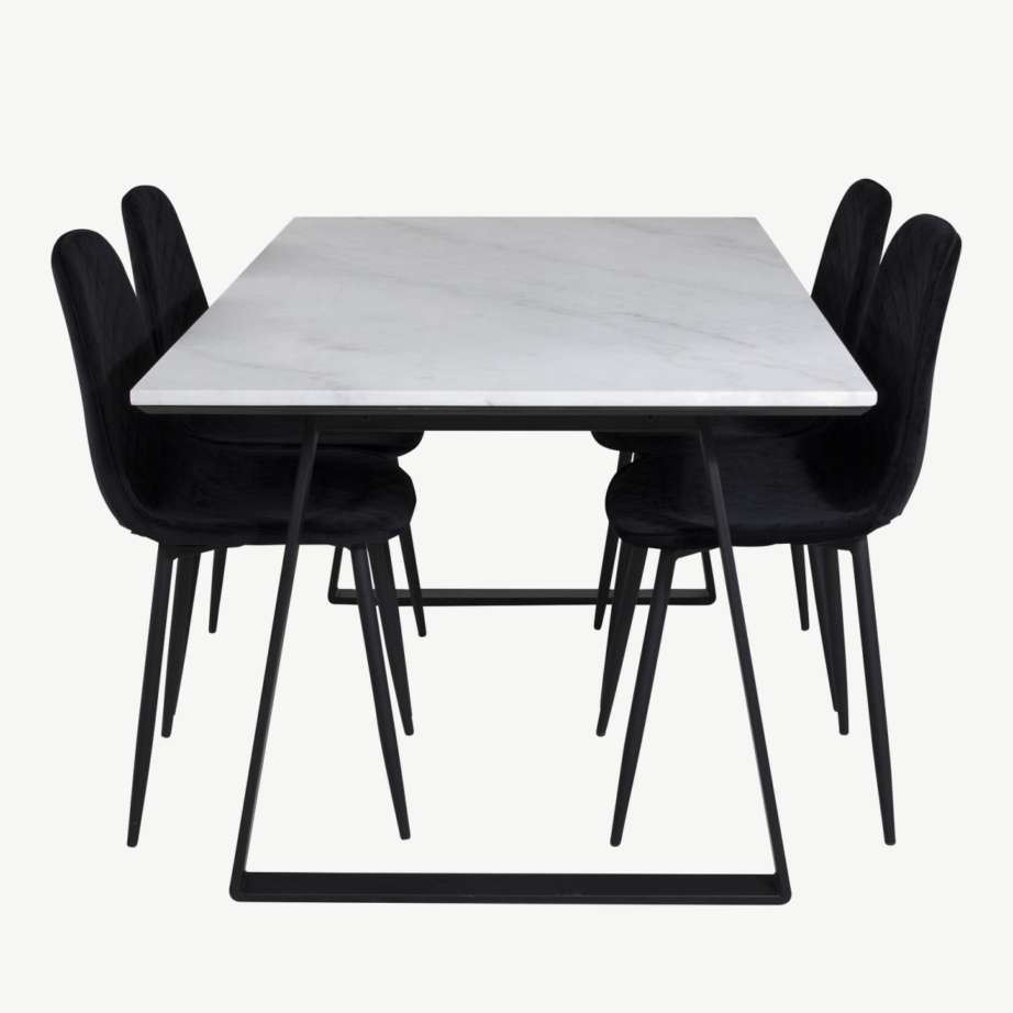 Estelle ristkülikukujulise marmorlauaga söögikomplekt ja mustad sametist Polar toolid, GR19846 – 2