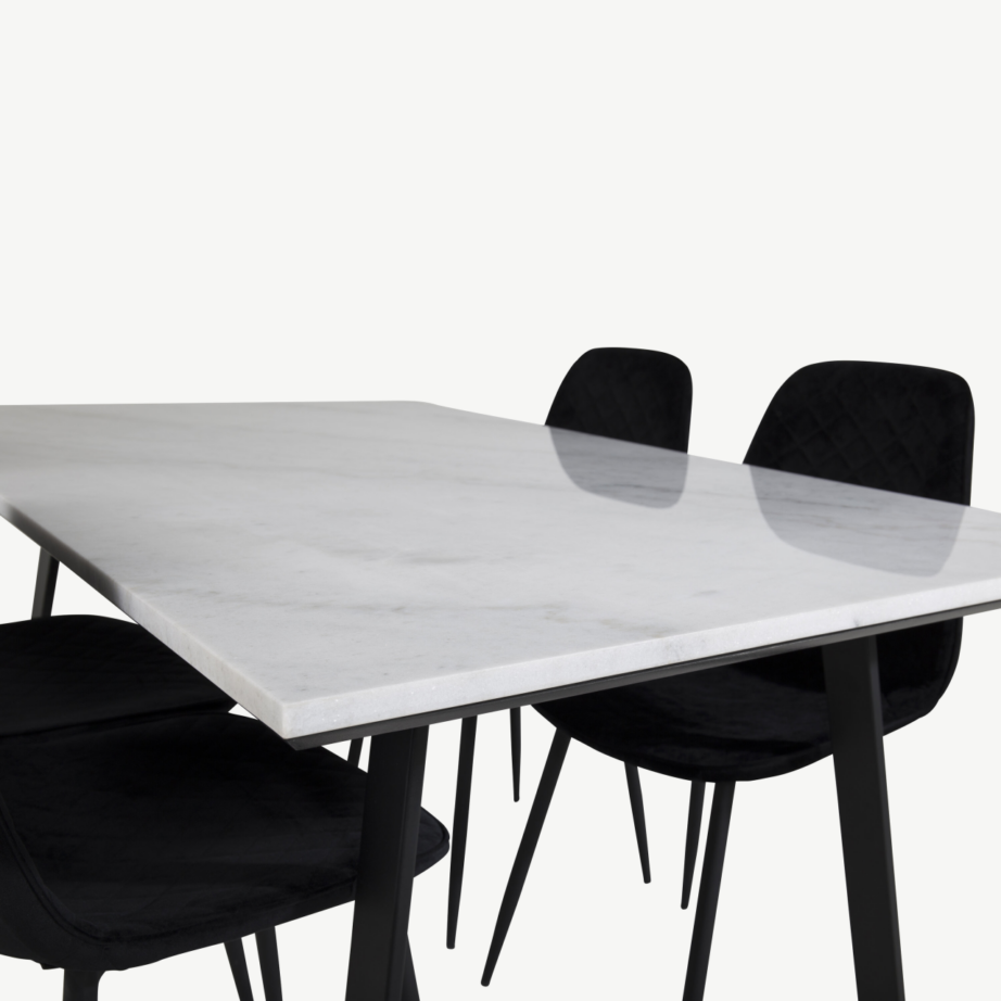 Estelle ristkülikukujulise marmorlauaga söögikomplekt ja mustad sametist Polar toolid, GR19846 – 4