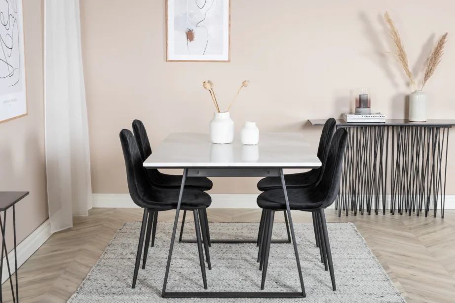 Estelle ristkülikukujulise marmorlauaga söögikomplekt ja mustad sametist Polar toolid, GR19846 – 5