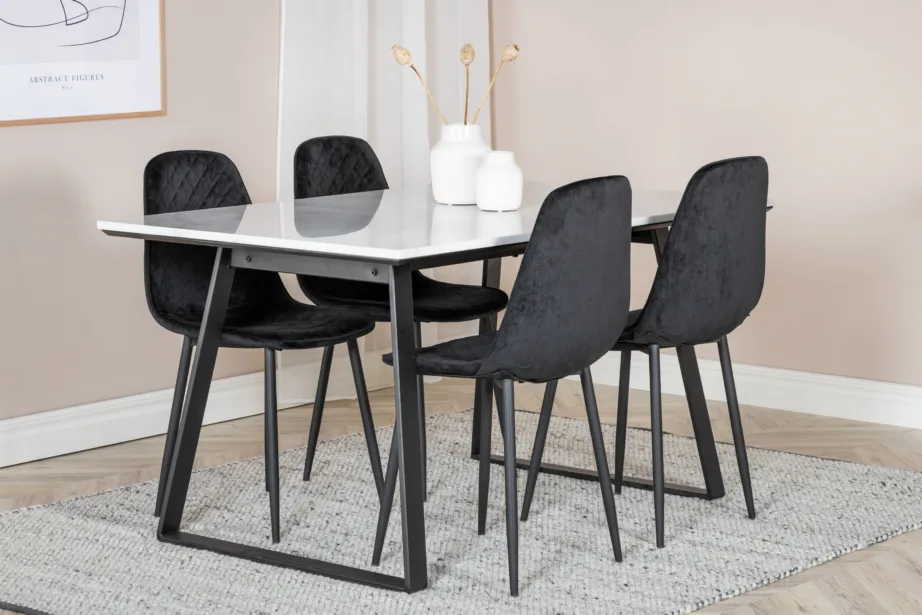 Estelle ristkülikukujulise marmorlauaga söögikomplekt ja mustad sametist Polar toolid, GR19846 – 6