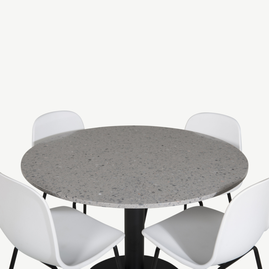 Ümmargune Razzia söögilaud terrazzo plaadiga ja valged toolid, GR19869 – 3