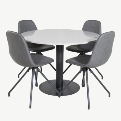 Razzia ümmargune terrazzo söögilaud koos pöörlevate kunstnahast toolidega Polar (hall/must, Ø106 cm) - GR19871