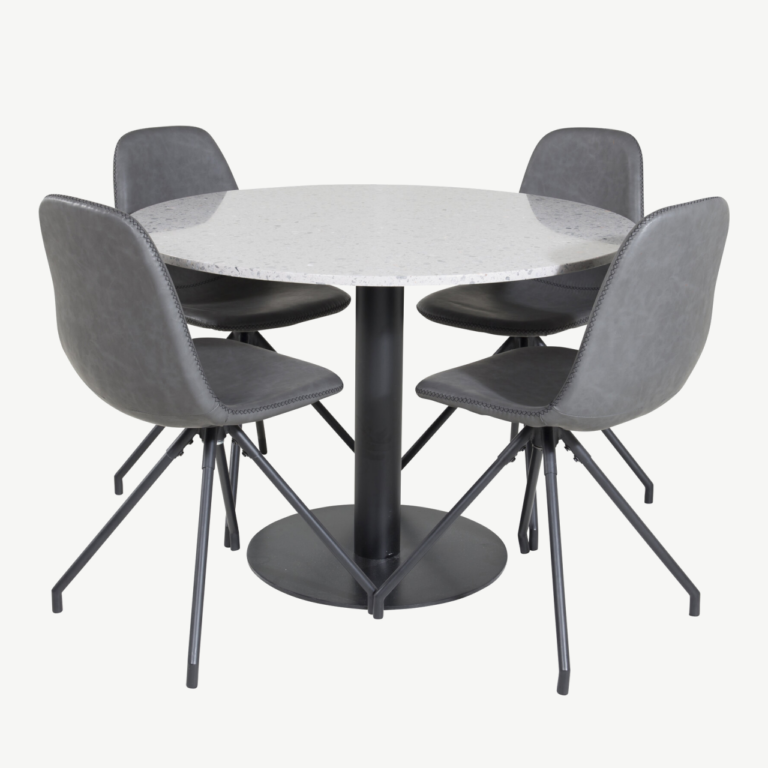 Razzia ümmargune terrazzo söögilaud koos pöörlevate kunstnahast toolidega Polar (hall/must, Ø106 cm) - GR19871