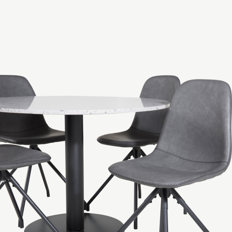 Razzia ümmargune terrazzo söögilaud koos pöörlevate kunstnahast toolidega Polar (hall/must, Ø106 cm) - GR19871