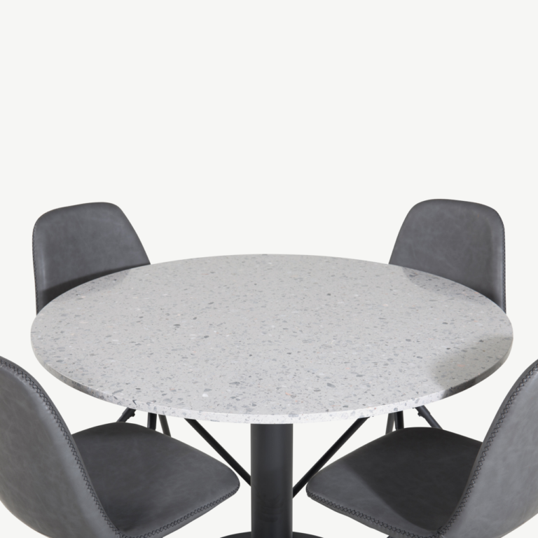 Razzia ümmargune terrazzo söögilaud koos pöörlevate kunstnahast toolidega Polar (hall/must, Ø106 cm) - GR19871