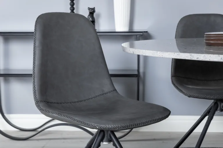 Razzia ümmargune terrazzo söögilaud koos pöörlevate kunstnahast toolidega Polar (hall/must, Ø106 cm) - GR19871