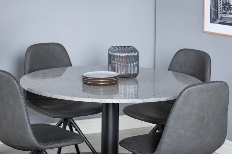 Razzia ümmargune terrazzo söögilaud koos pöörlevate kunstnahast toolidega Polar (hall/must, Ø106 cm) - GR19871
