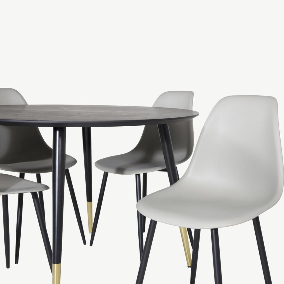 Ümmargune must söögilaud Dipp (ø115 cm) ja hallid Polar toolid mustade terasjalgade ning kuldsete detailidega, GR19888 – 2