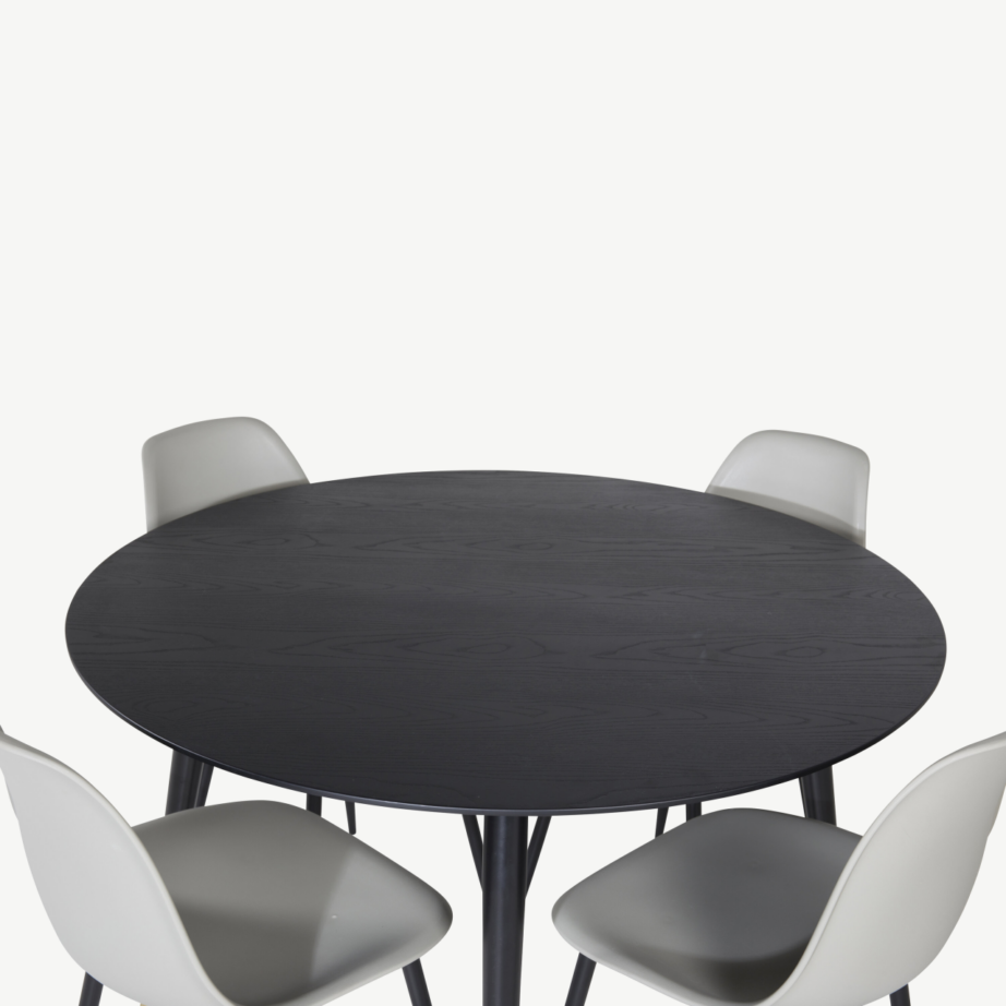 Ümmargune must söögilaud Dipp (ø115 cm) ja hallid Polar toolid mustade terasjalgade ning kuldsete detailidega, GR19888 – 3