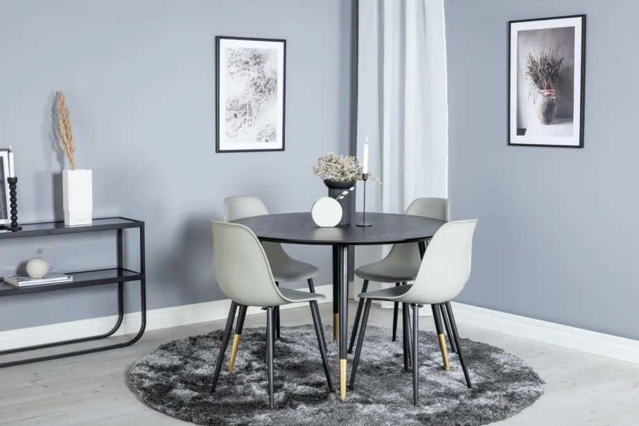 Ümmargune must söögilaud Dipp (ø115 cm) ja hallid Polar toolid mustade terasjalgade ning kuldsete detailidega, GR19888 – 4