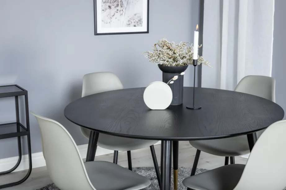 Ümmargune must söögilaud Dipp (ø115 cm) ja hallid Polar toolid mustade terasjalgade ning kuldsete detailidega, GR19888 – 6