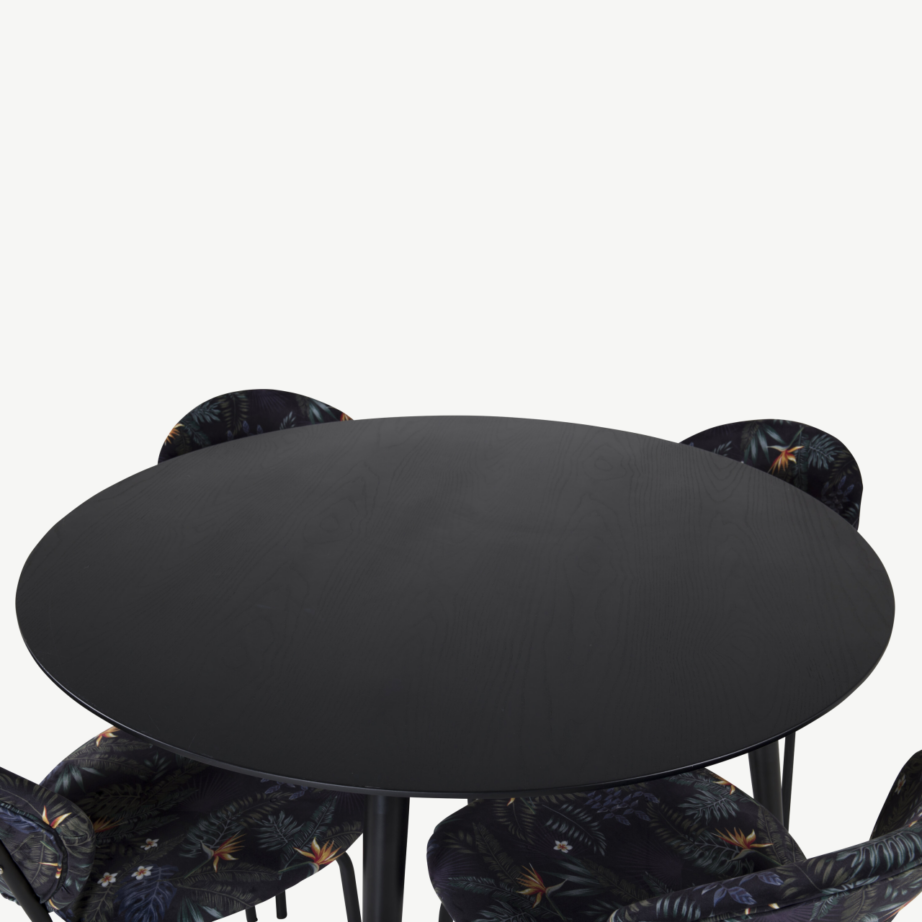 Ümmargune must söögilauakomplekt Dipp kuldsete detailidega ja 4 troopilise mustriga tooliga, GR19889 – 2