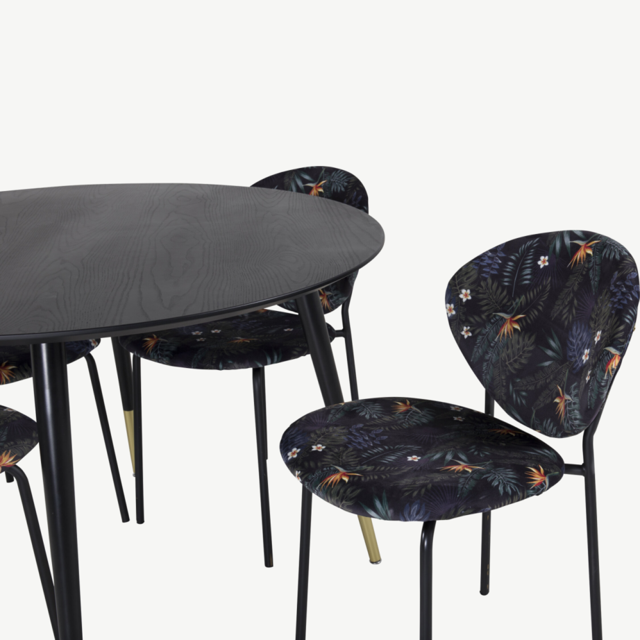 Ümmargune must söögilauakomplekt Dipp kuldsete detailidega ja 4 troopilise mustriga tooliga, GR19889 – 3