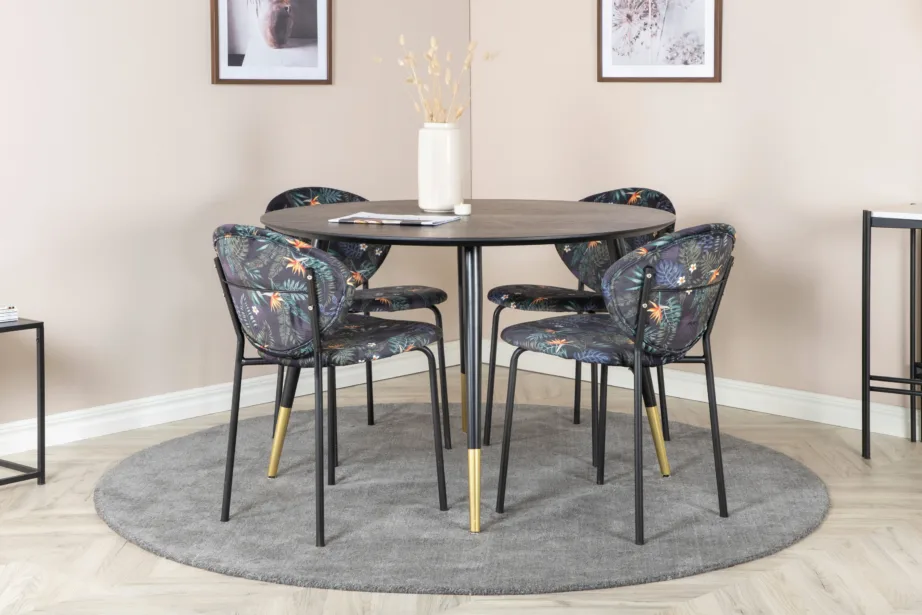 Ümmargune must söögilauakomplekt Dipp kuldsete detailidega ja 4 troopilise mustriga tooliga, GR19889 – 4