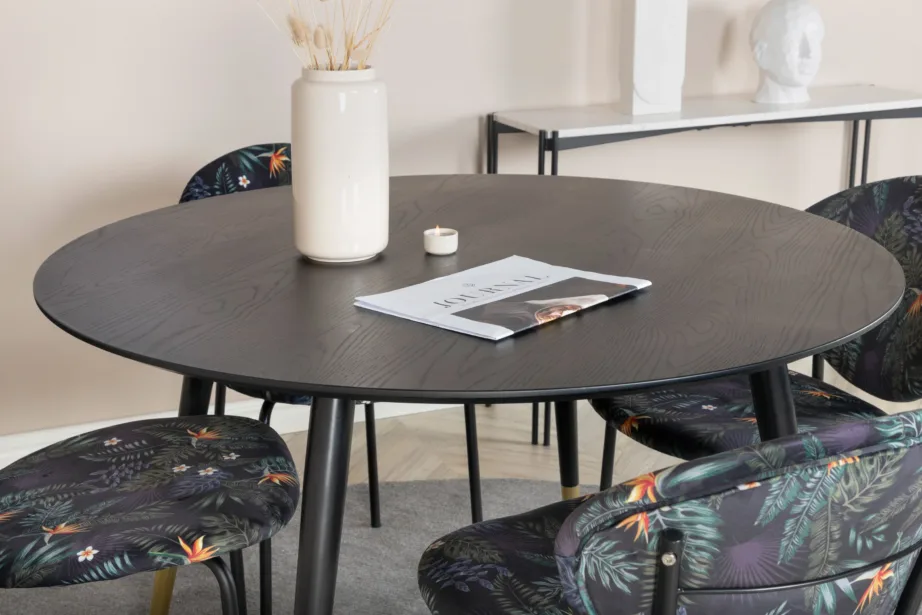 Ümmargune must söögilauakomplekt Dipp kuldsete detailidega ja 4 troopilise mustriga tooliga, GR19889 – 5