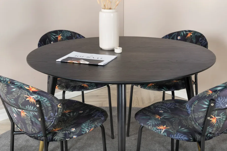 Ümmargune must söögilauakomplekt Dipp kuldsete detailidega ja 4 troopilise mustriga tooliga, GR19889 – 6