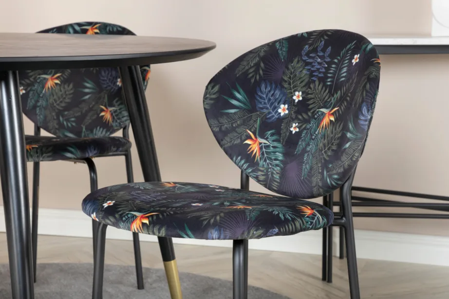 Ümmargune must söögilauakomplekt Dipp kuldsete detailidega ja 4 troopilise mustriga tooliga, GR19889 – 7